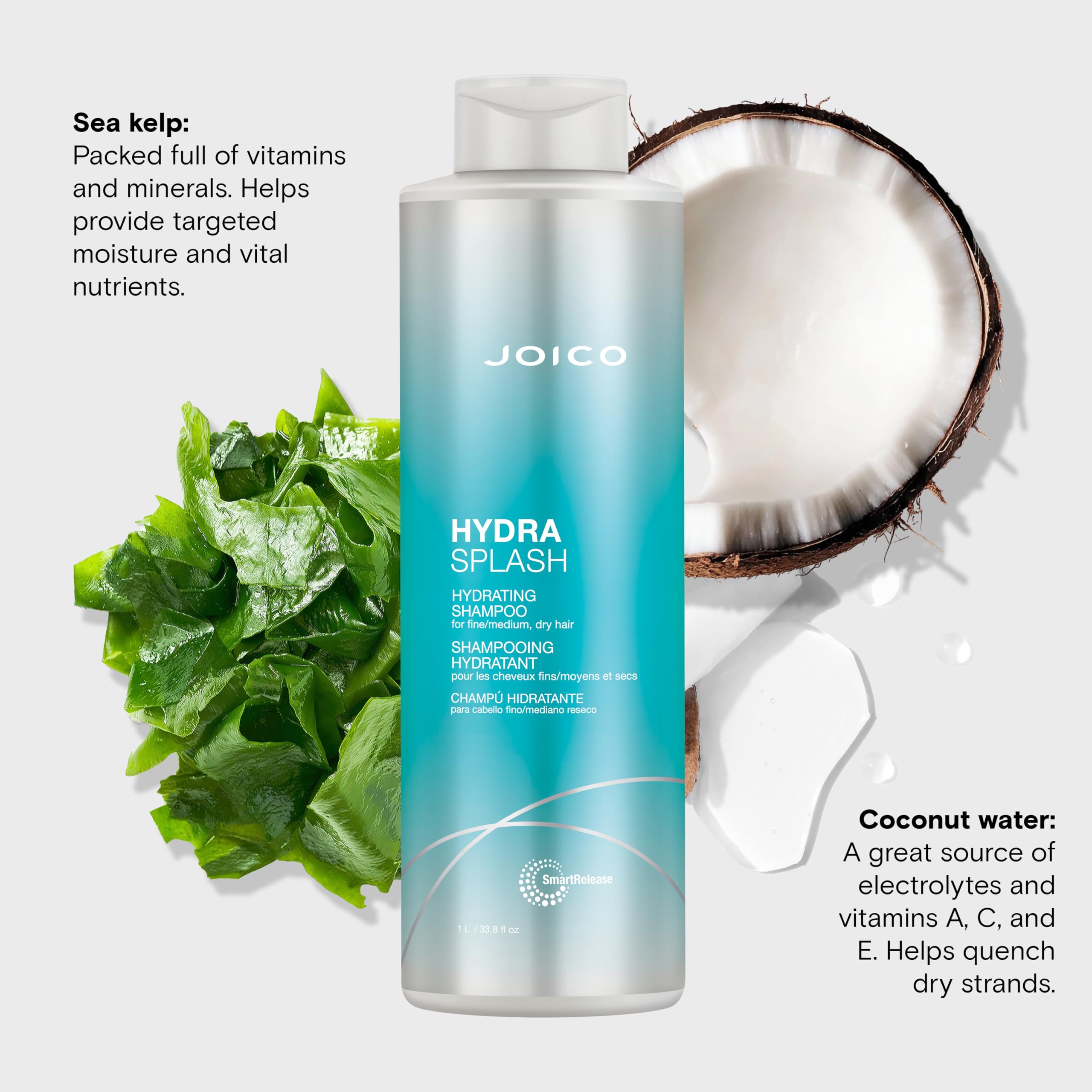 Joico HydraSplash coconut water emphasis on electrolytes to hydrate dry strands.