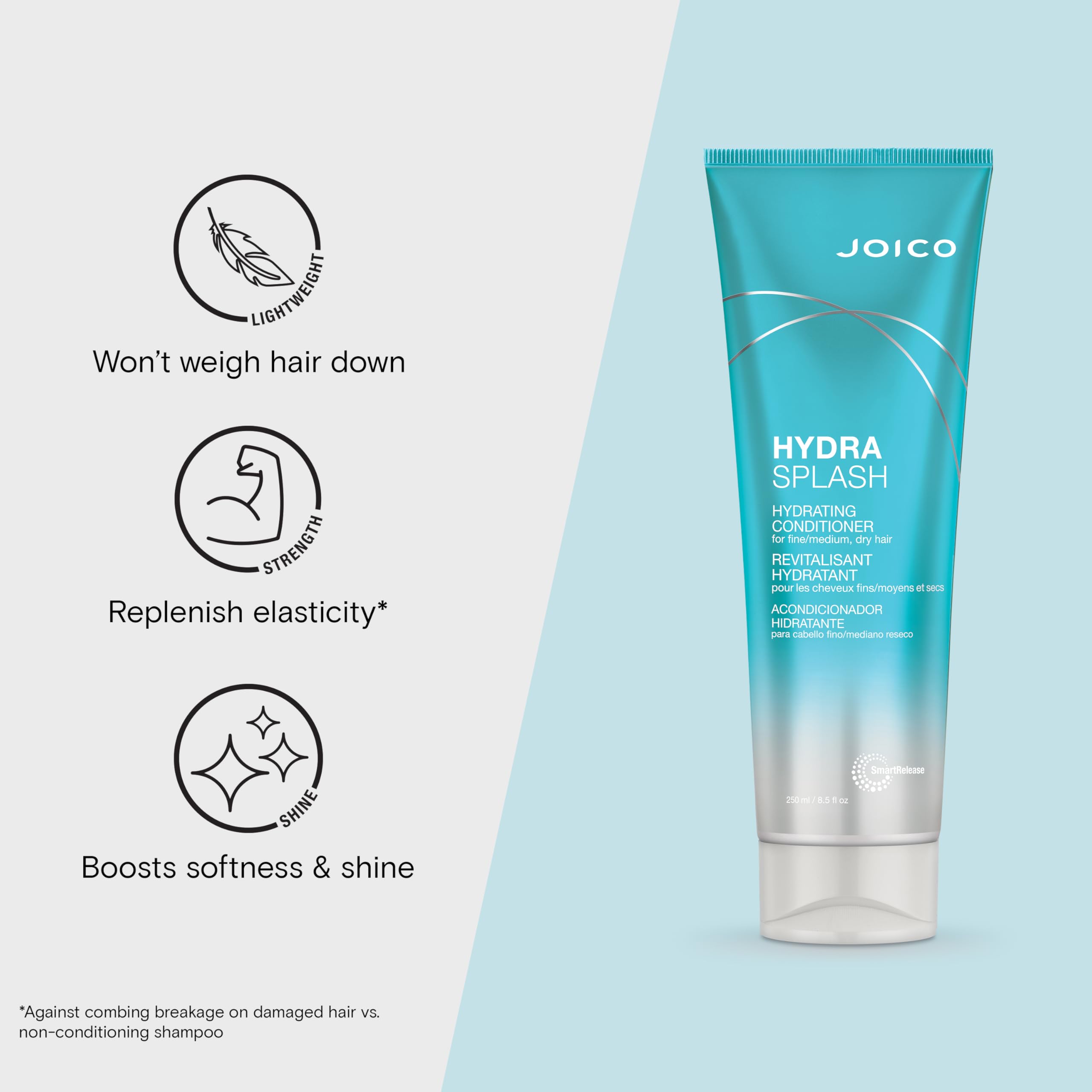 Joico HydraSplash ingredients closeup highlighting coconut water and sea kelp benefits.