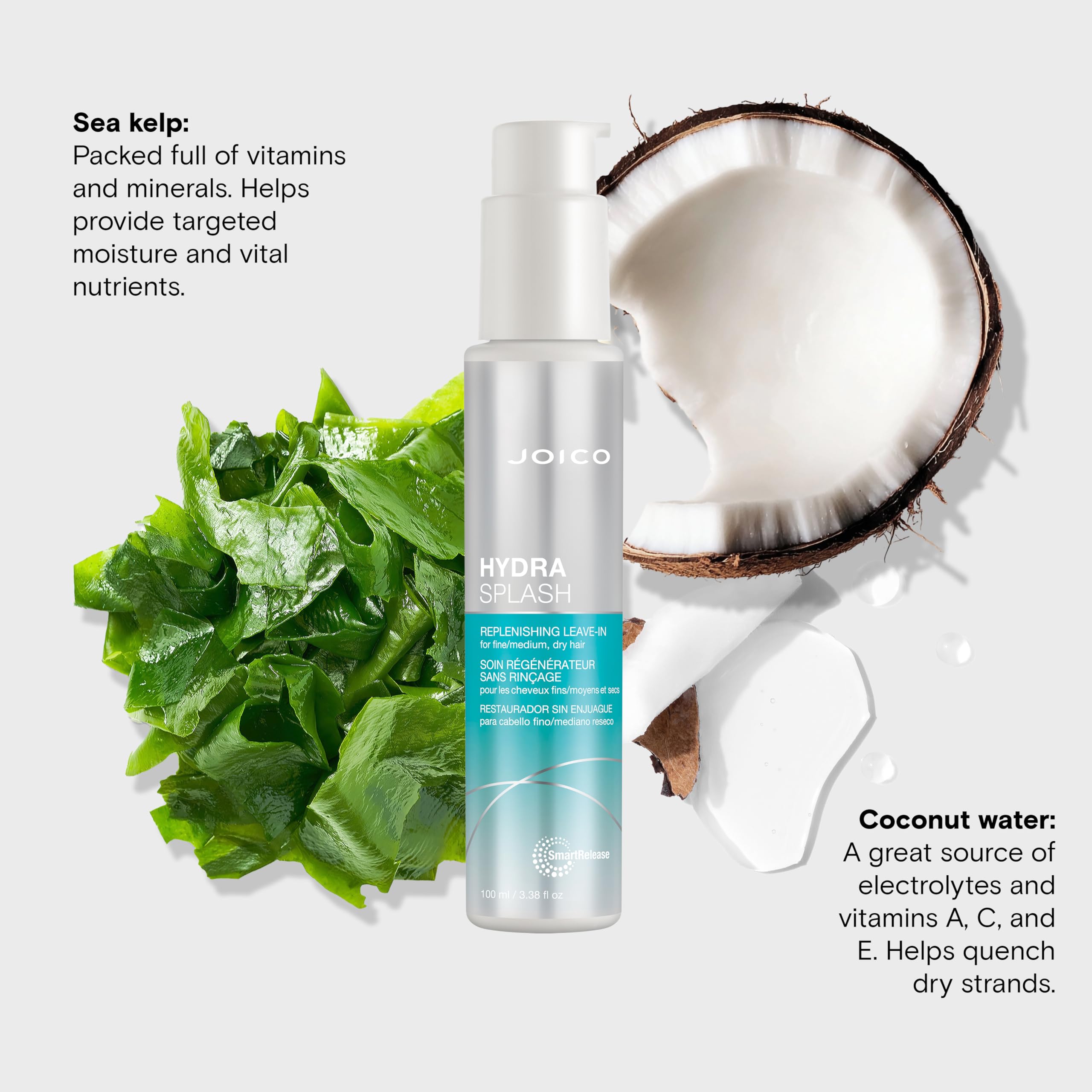 Joico HydraSplash packaging emphasizes sea kelp and coconut water benefits