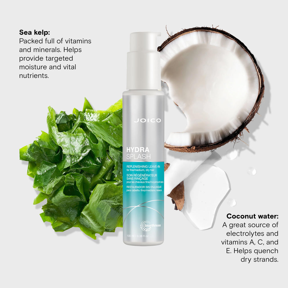 Joico HydraSplash packaging emphasizes sea kelp and coconut water benefits