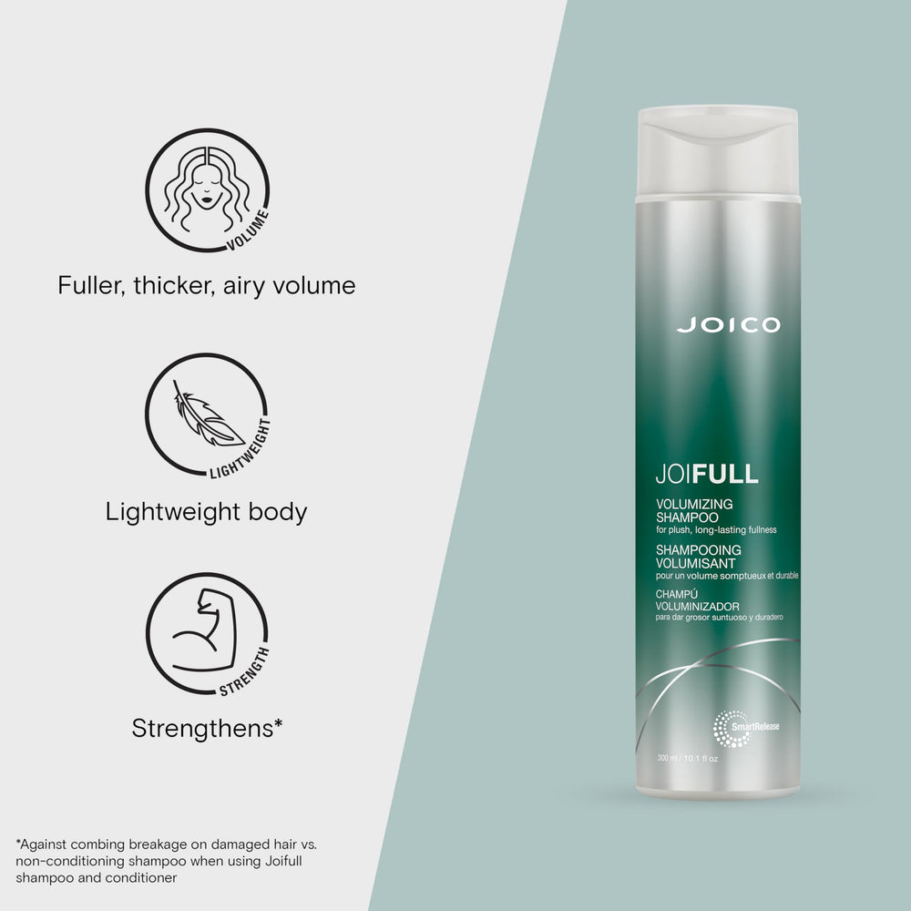 Joico JoiFULL foaming lather boosts volumizing cleanse for fine hair.