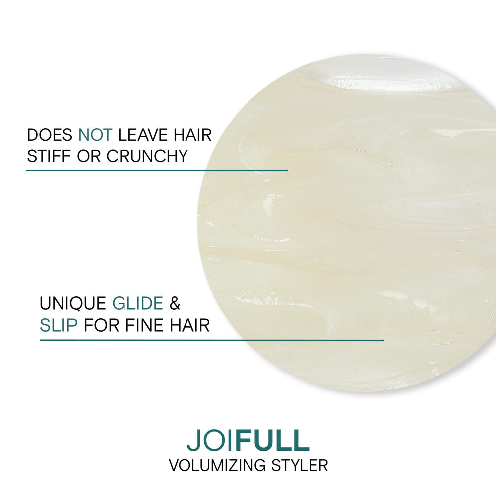 Joico JoiFULL rice-protein-lift highlights strengthened strands and fuller-feel fine hair.