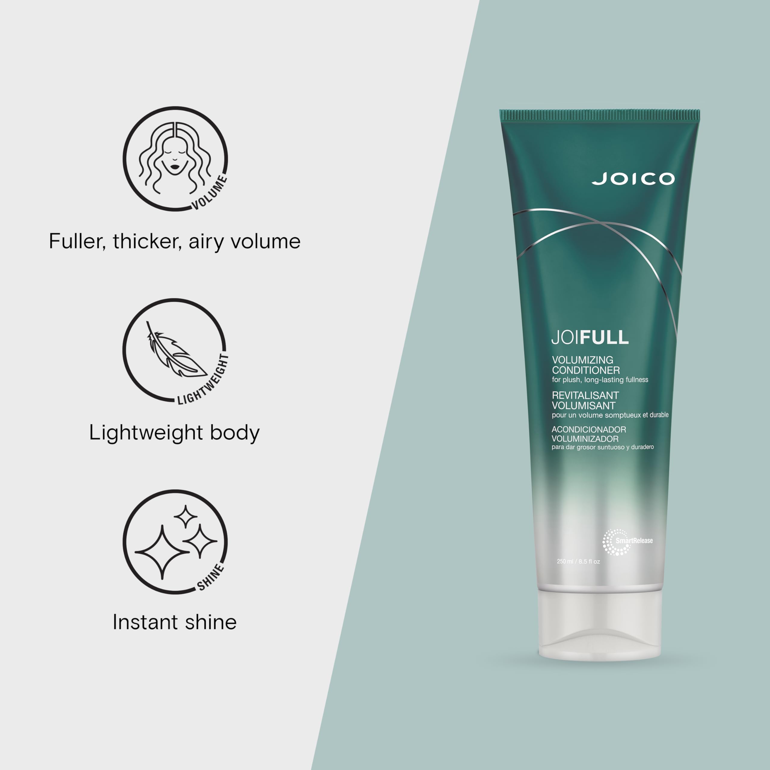 Close-up of Joico JoiFULL bottle cap showing detangling benefits.