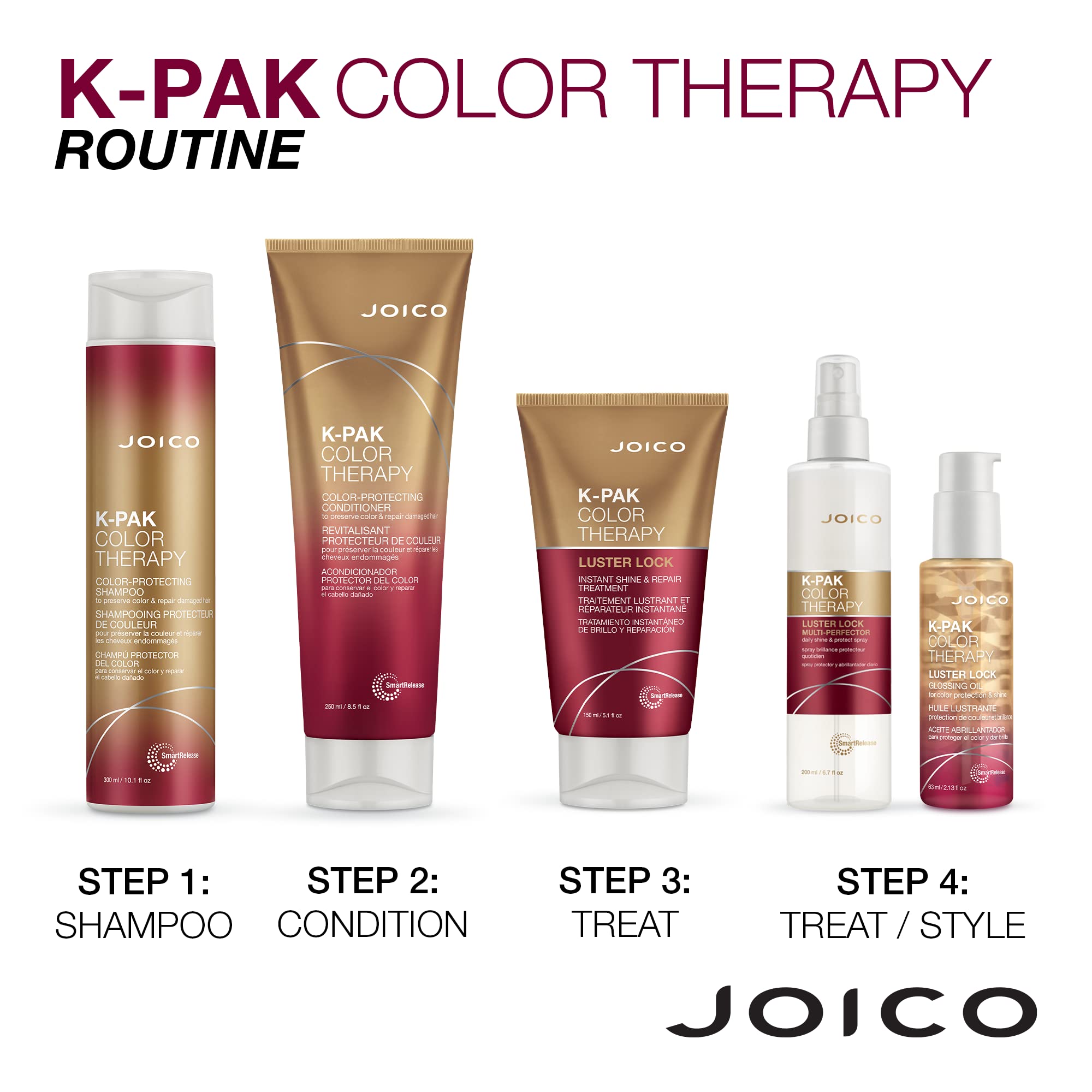 Color-therapy routine image with Joico K-Pak, for lasting vibrancy and refreshed feel.