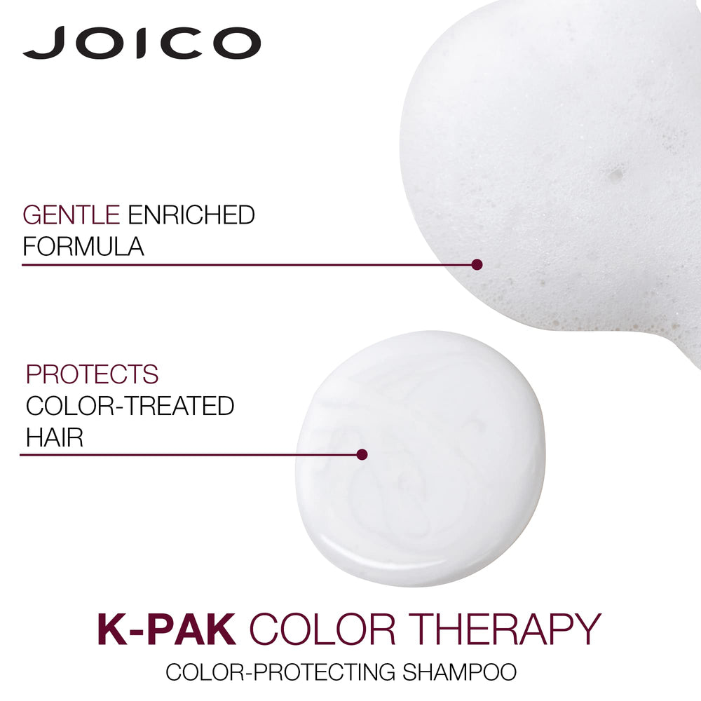 Joico K-Pak Color Therapy bottle with shiny, moveable hair after use.