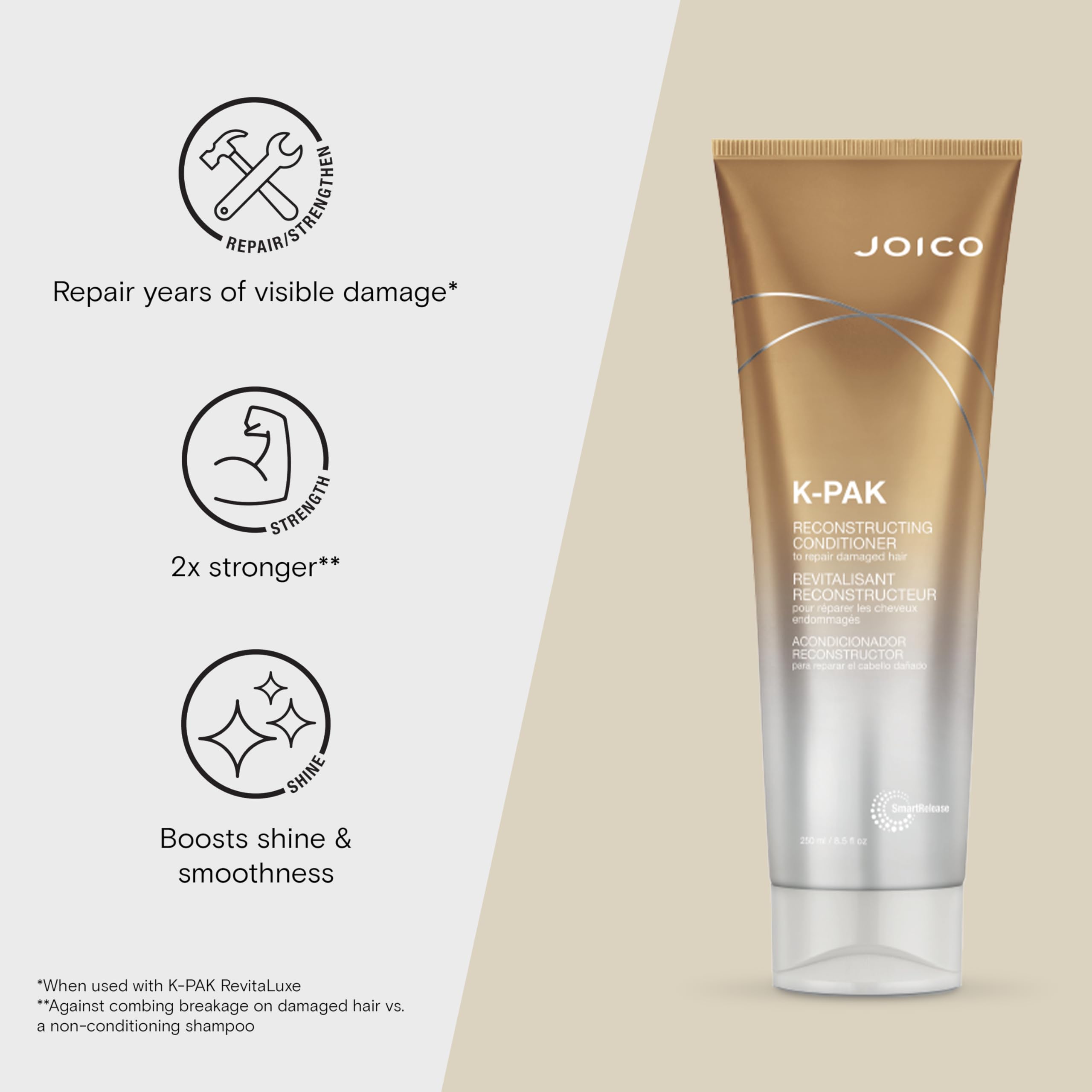 Product label details indicate keratin and guajava extract for stronger, healthier-looking strands.