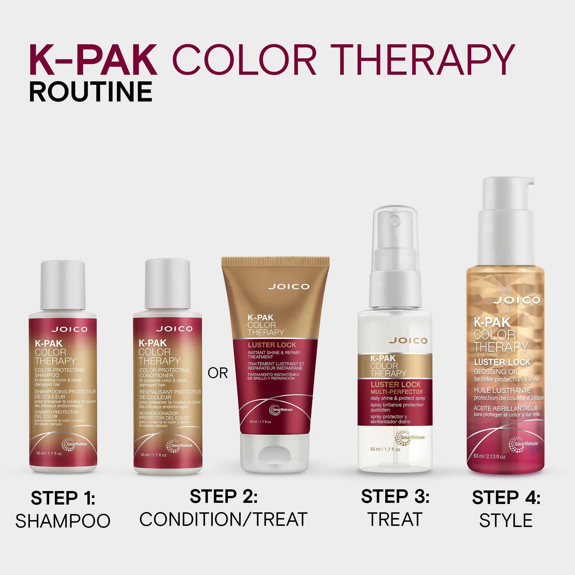 Joico K-PAK Color Therapy Spray, brillo radiante y color vibrante tras cada pasada.