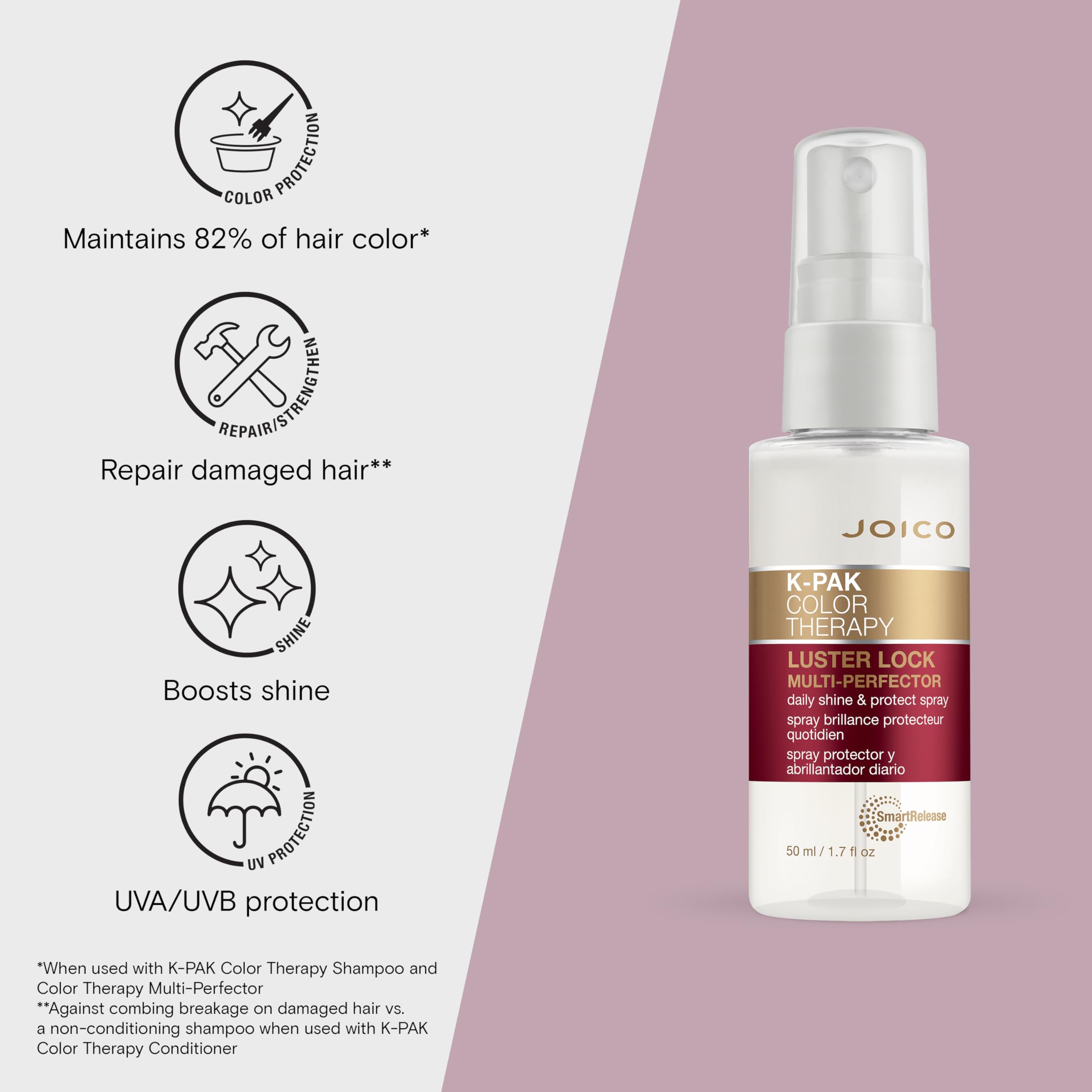 Joico K-PAK Color Therapy Spray, textura seda, cabello suave y brillo intenso.