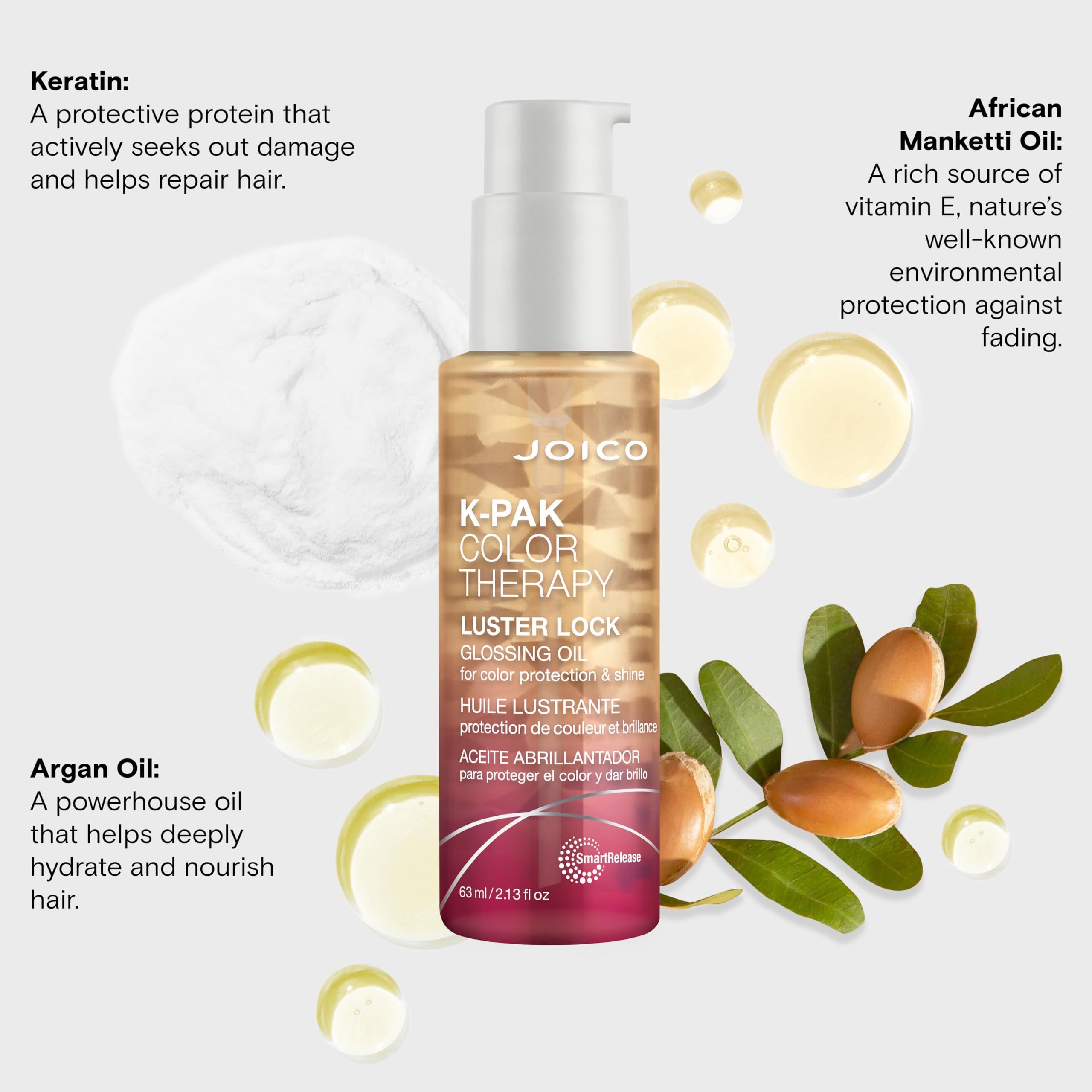 Joico K-PAK glossing oil on hair demonstrates frizz control and smooth finish.