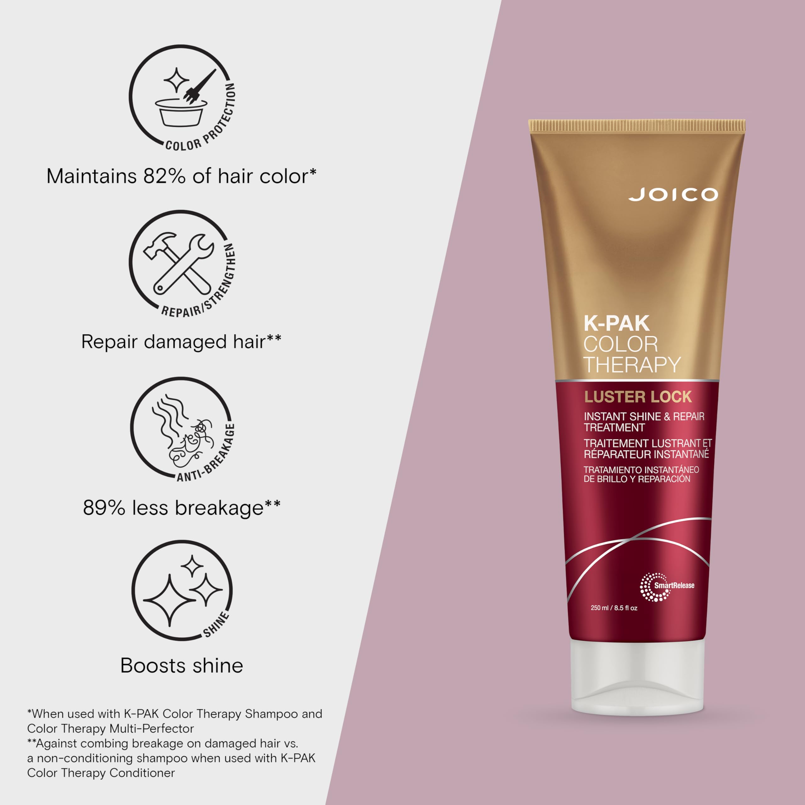 Joico K-PAK Color Therapy Luster Lock after-use shine enhances color-treated hair.