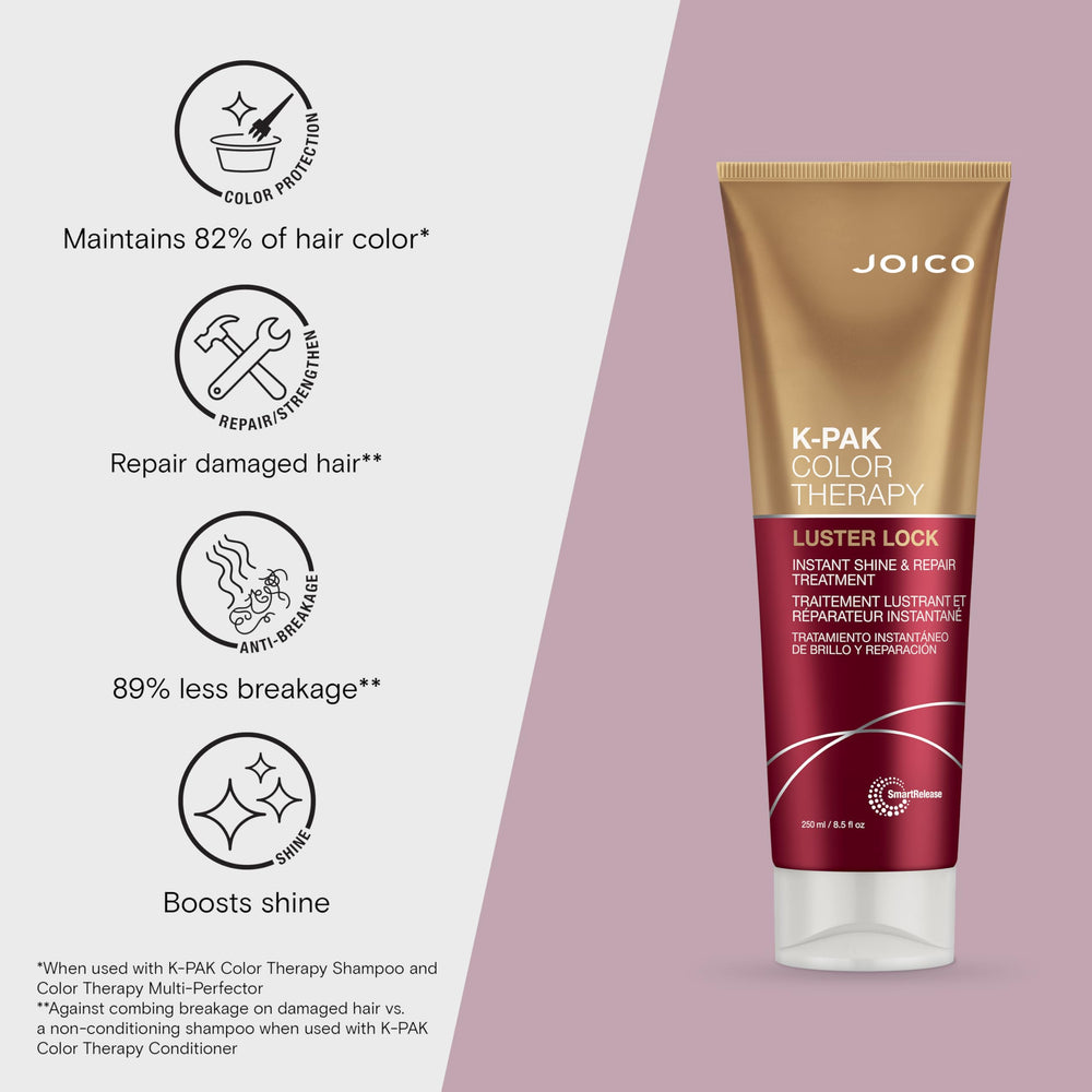 Joico K-PAK Color Therapy Luster Lock after-use shine enhances color-treated hair.