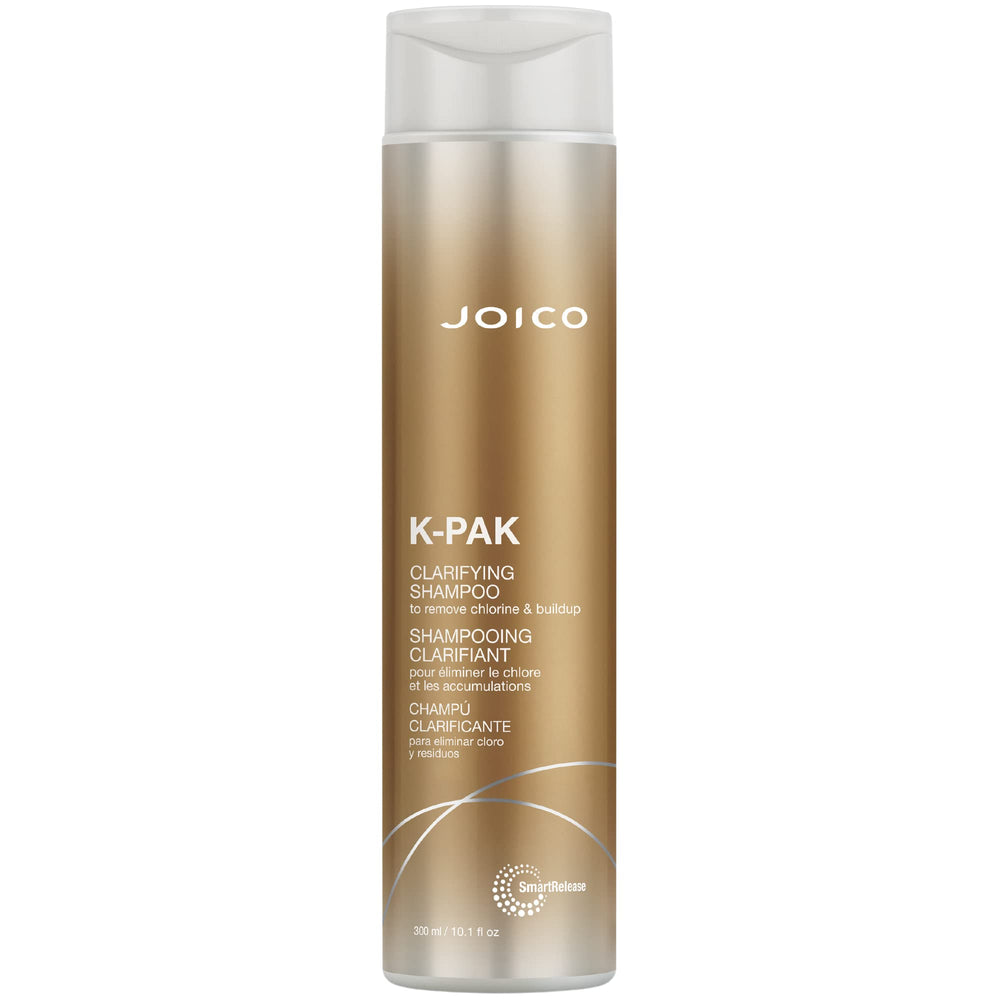 Joico K-Pak Daily Clarifying Shampoo bottle showing mineral removal for cleaner, shinier hair