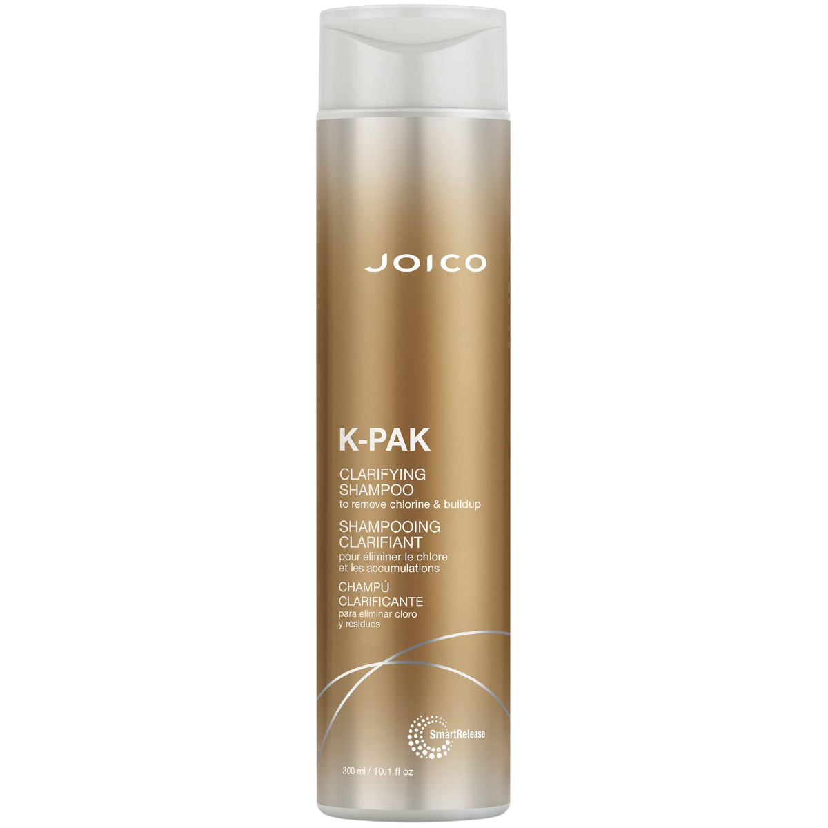 Joico K-Pak Daily Clarifying Shampoo bottle showing mineral removal for cleaner, shinier hair