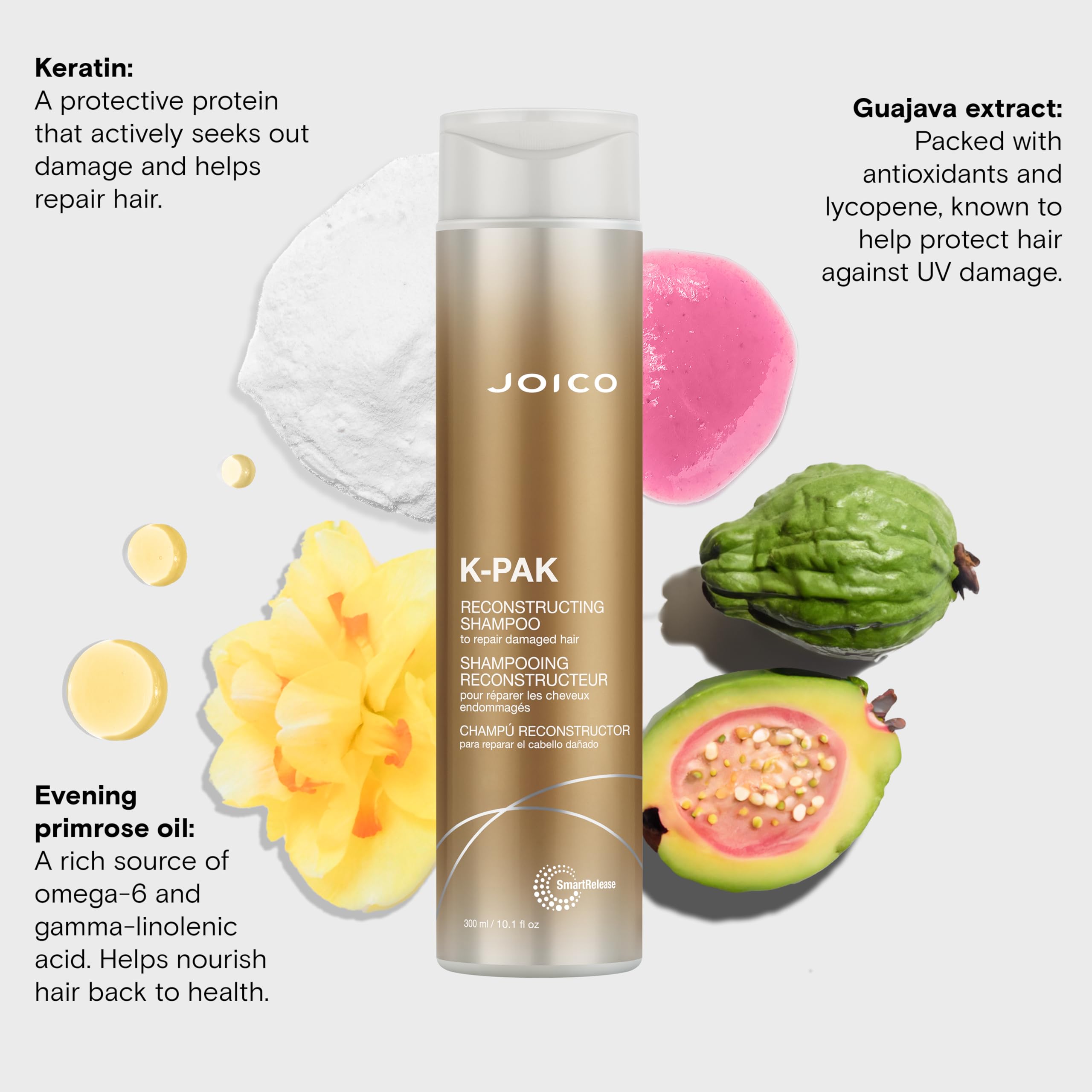 Shampoo label shows keratin and evening primrose oil ingredients in Joico K-PAK