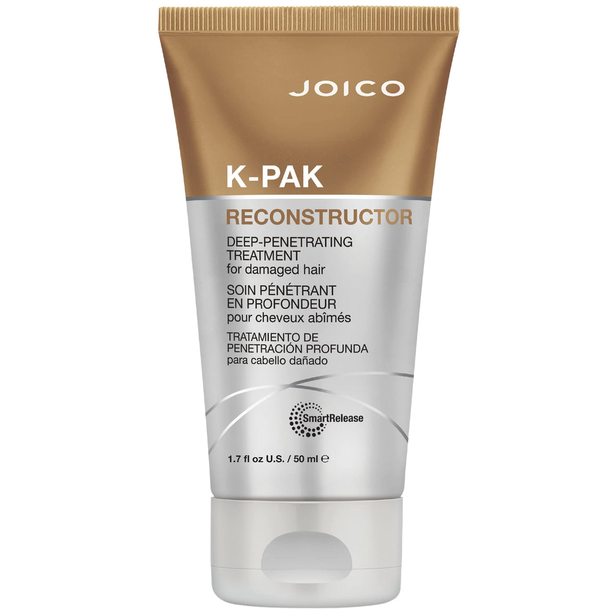 Joico K-PAK Reconstructor, botella del producto, fortalece cabello desde la primera aplicación.