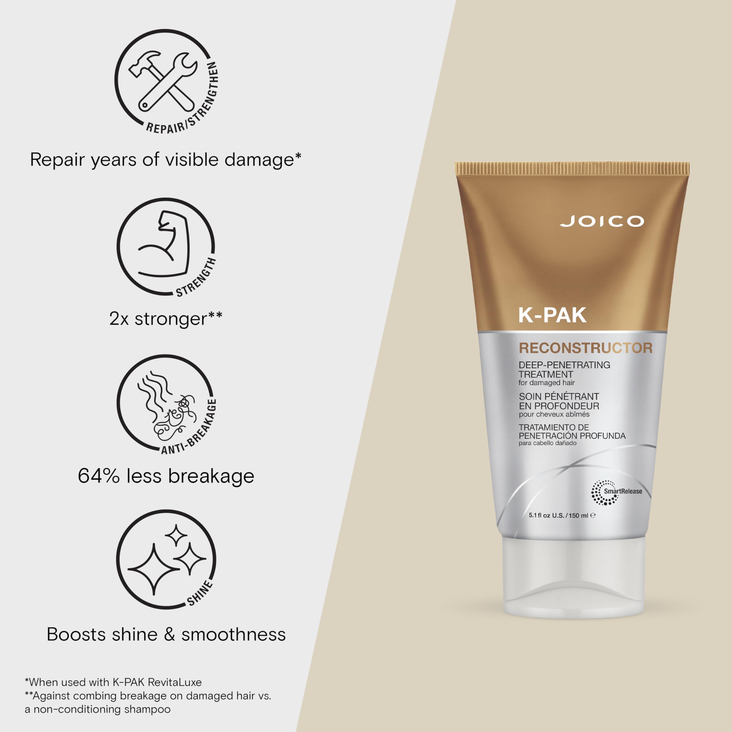 Joico K-PAK Reconstructor delivers keratin to reinforce hair fibers and resilience.