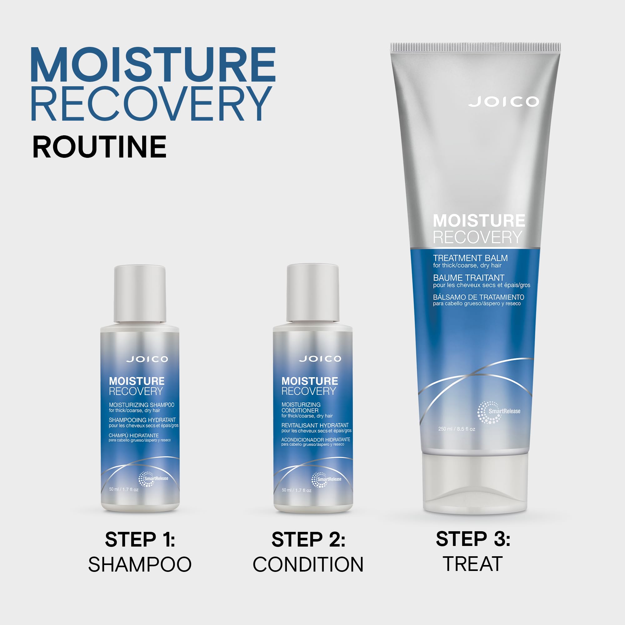 Joico Moisture Recovery: brillo suave y elasticidad tras el uso.