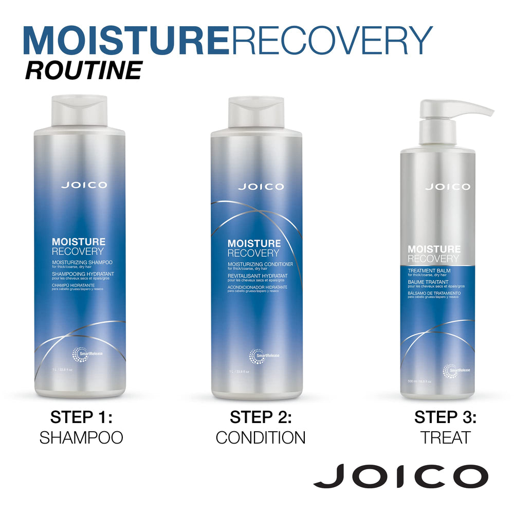 Joico Moisture Recovery duo on bathroom display with hydrated hair vibes