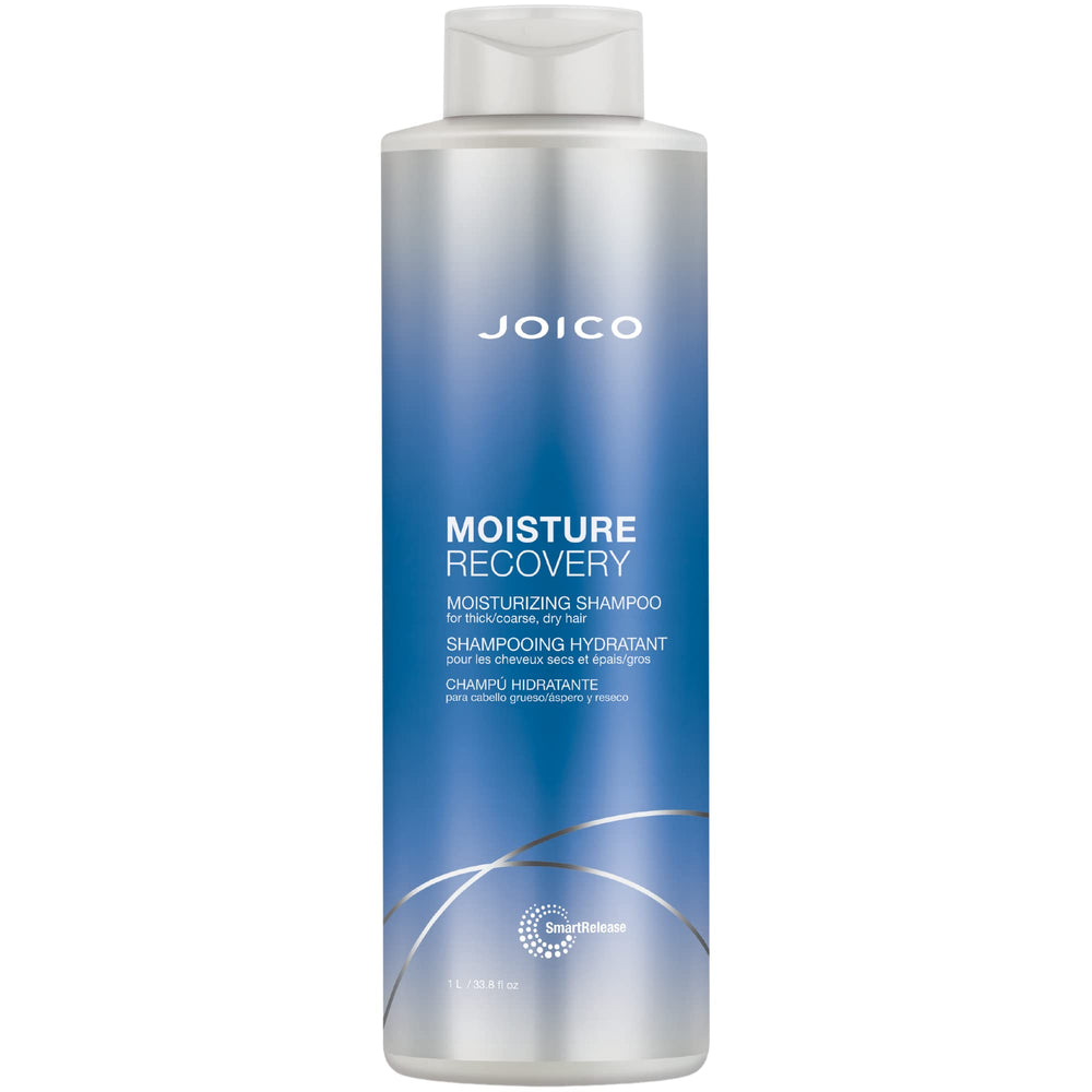 Joico Moisture Recovery Shampoo bottle promises lasting moisture for dry, coarse hair.