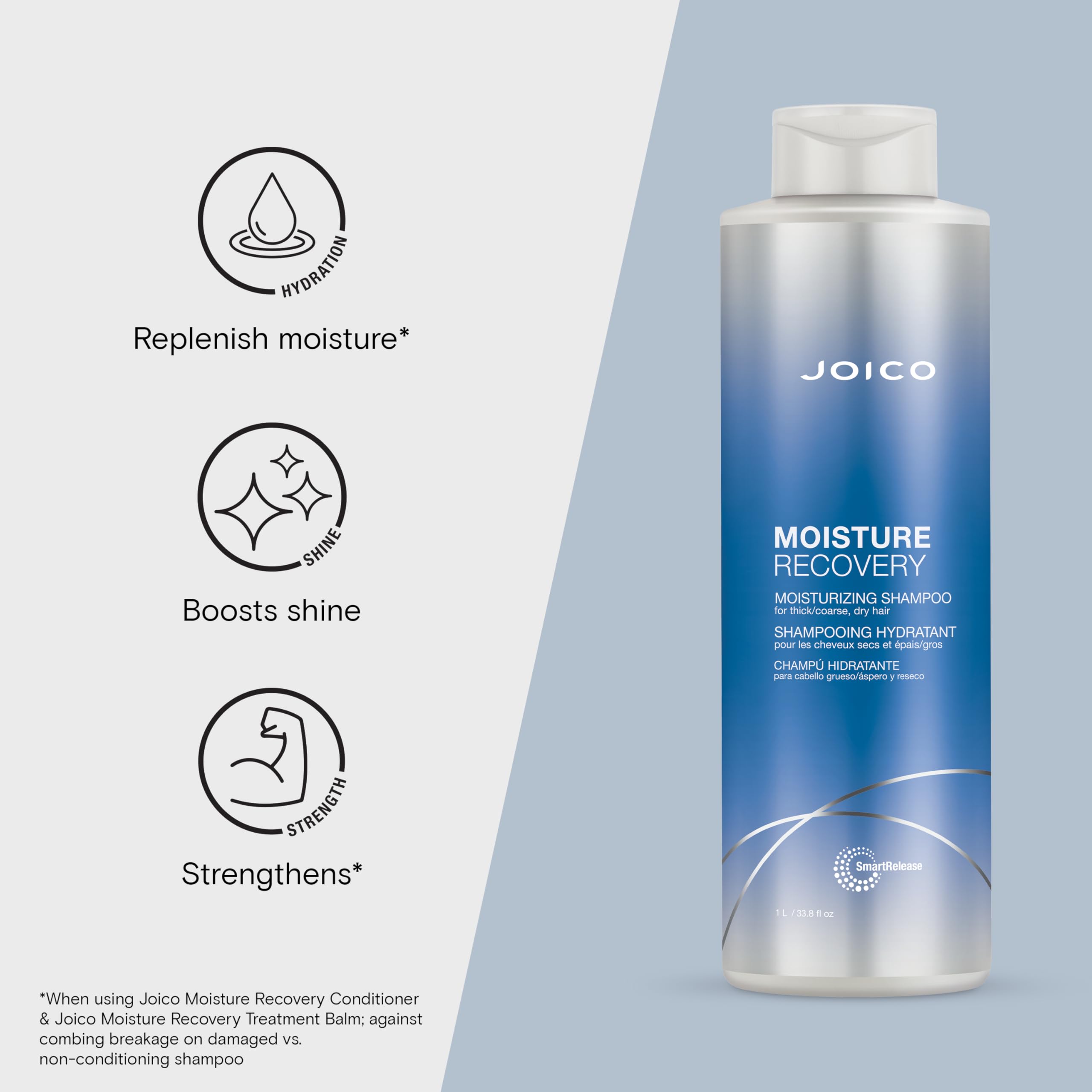 Pouring Joico Moisture Recovery Shampoo to reveal creamy lather and hydration.