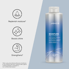 Pouring Joico Moisture Recovery Shampoo to reveal creamy lather and hydration.