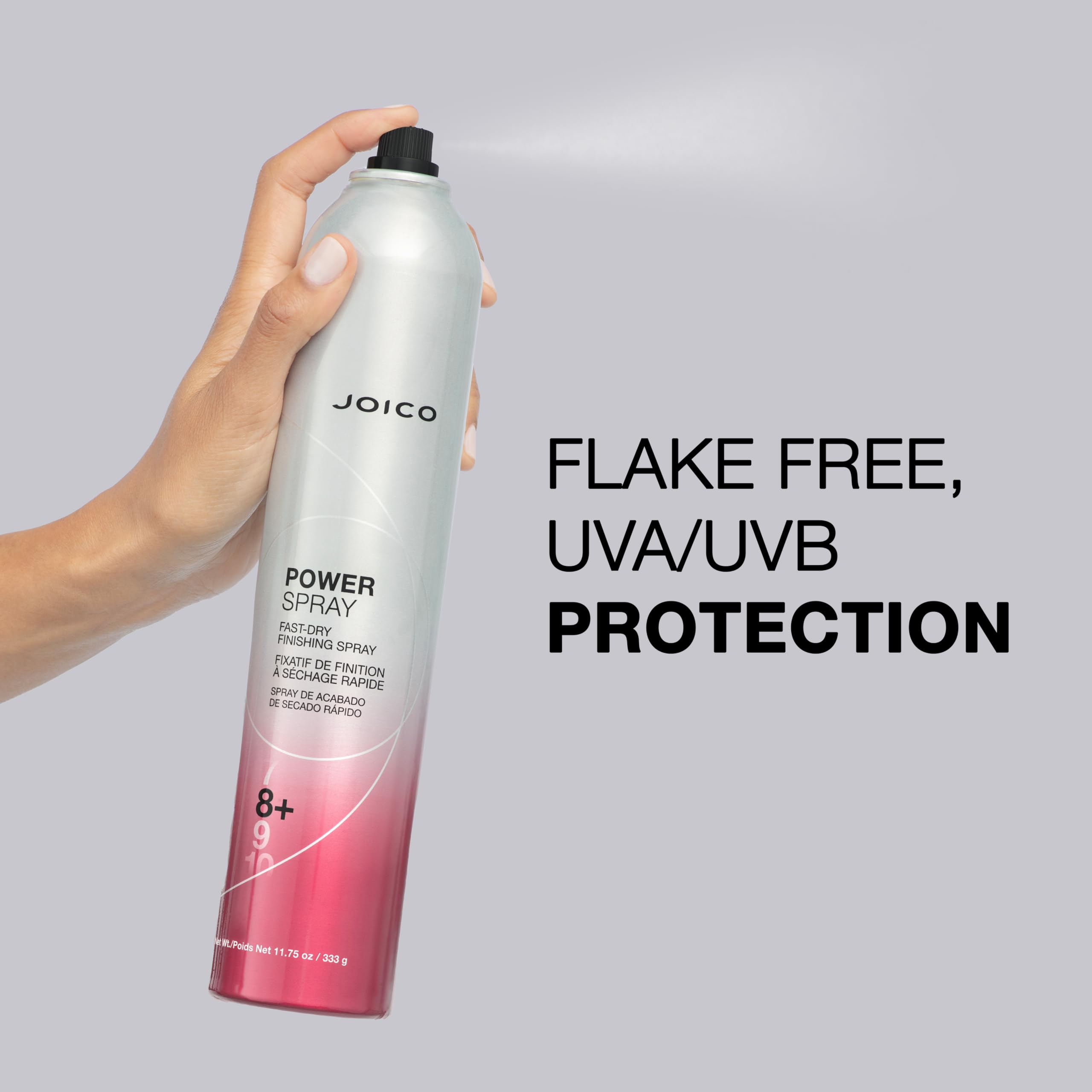 Joico Power Spray packaging highlights UV and pollution protection for hair.