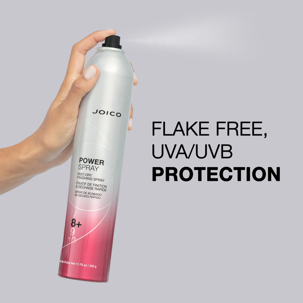 Joico Power Spray packaging highlights UV and pollution protection for hair.