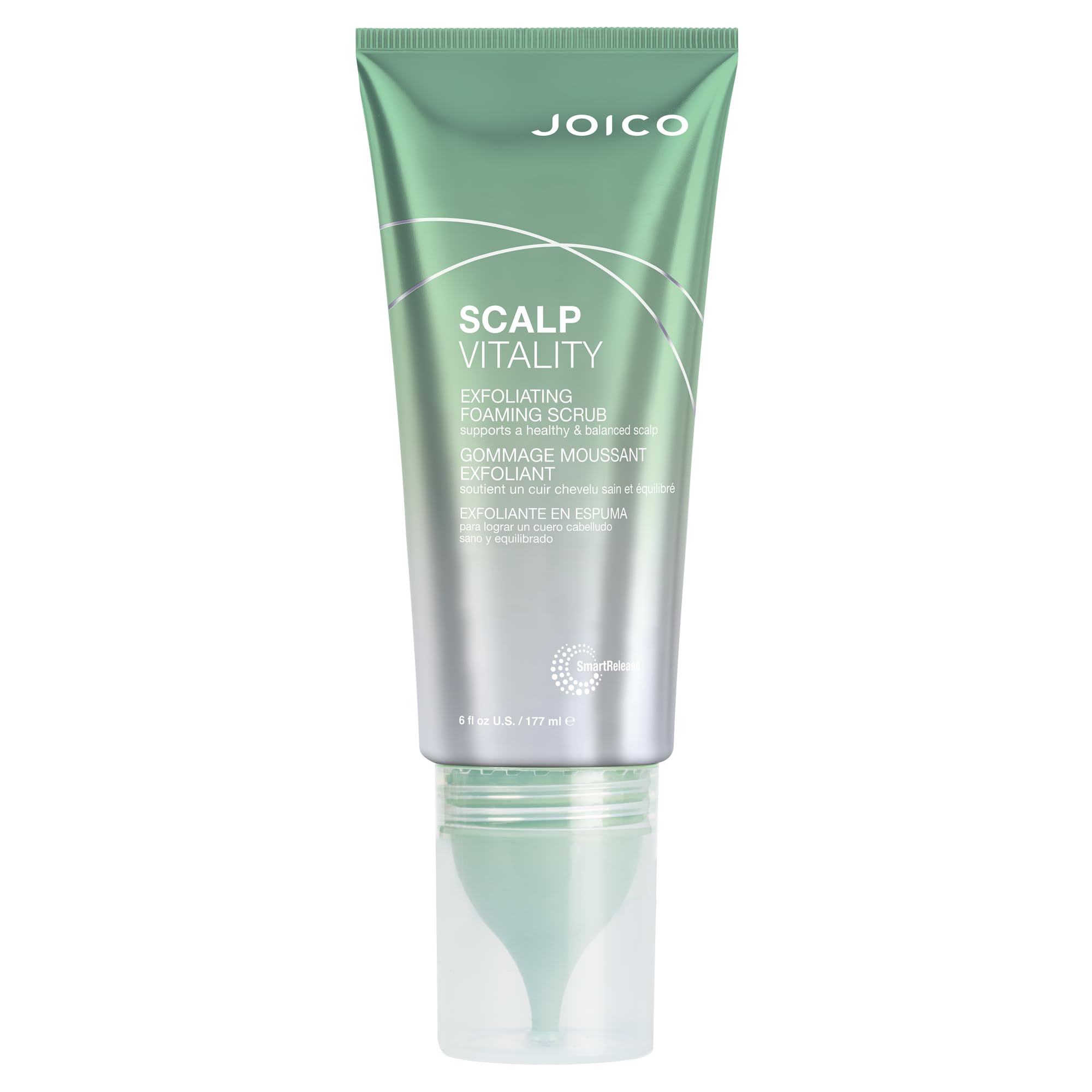 Joico Scalp Vitality exfoliating scrub bottle pump for easy application and cleansing.