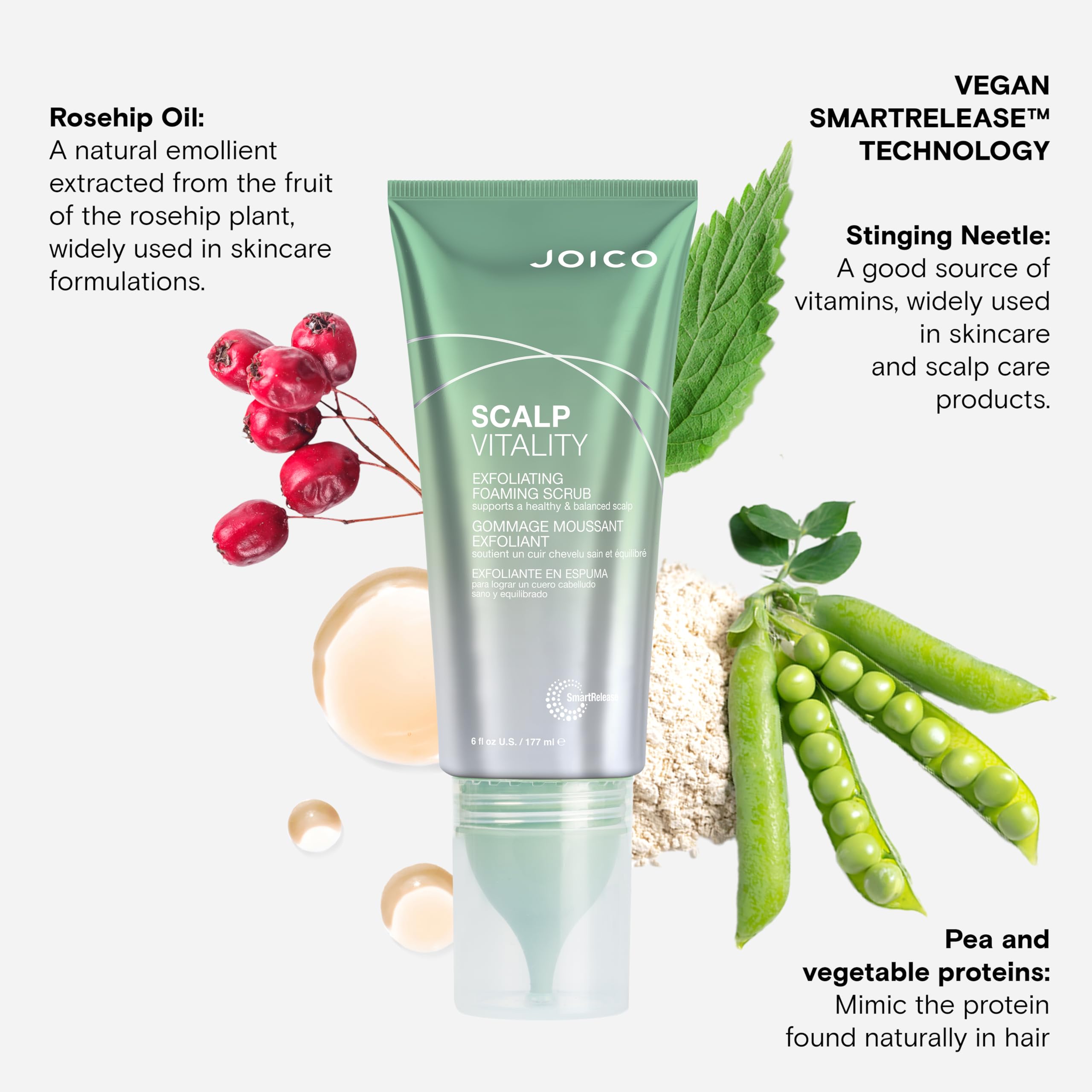 Joico Scalp Vitality stinging nettle leaves highlight scalp vitamin support.