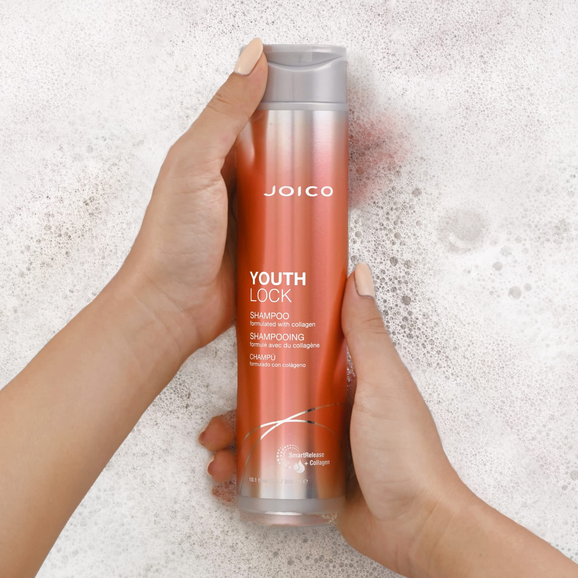 Joico YouthLock Shampoo bathroom mirror shot captures daily routine for refreshed hair.