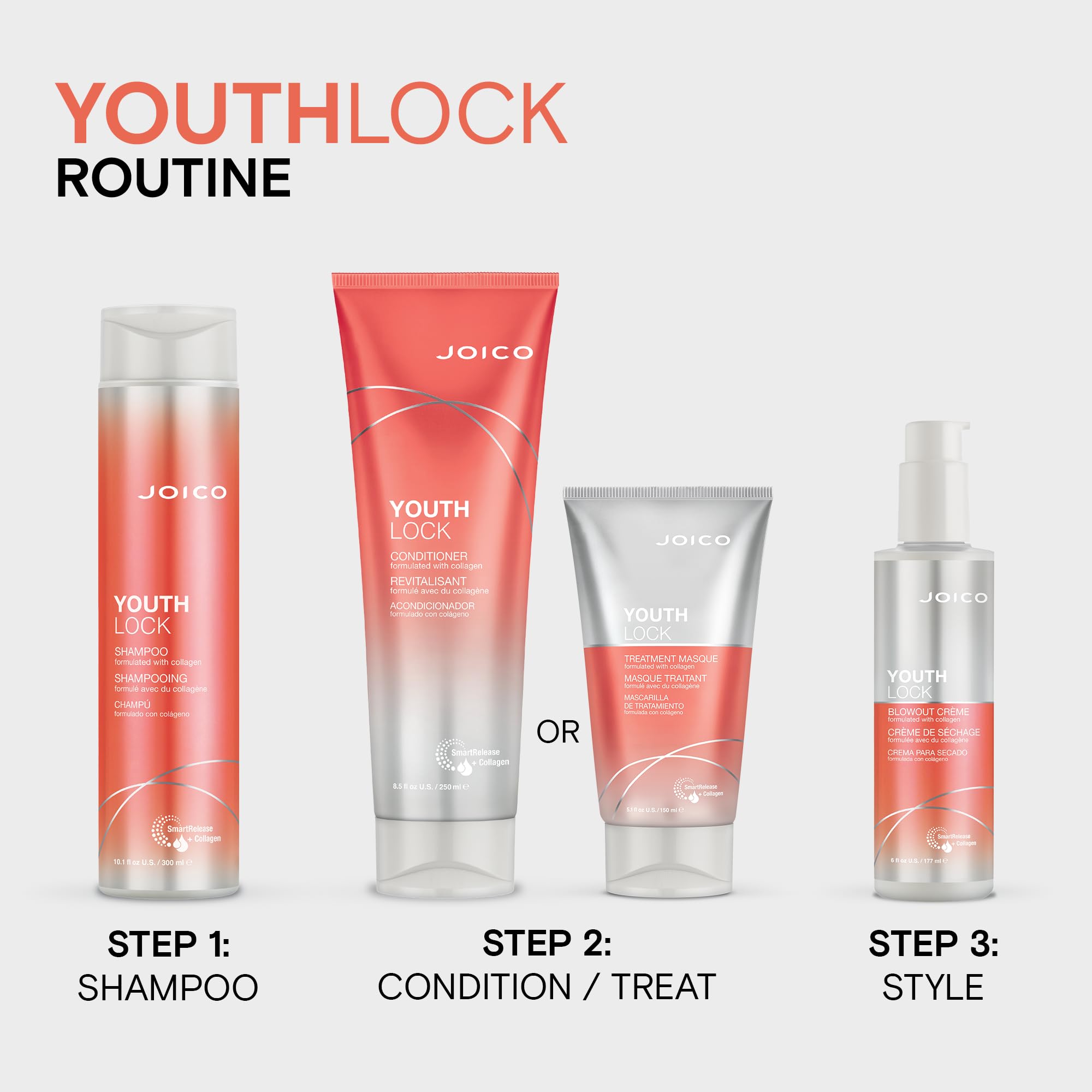 Joico YouthLock Shampoo bottle pour demonstrates smooth, even application.