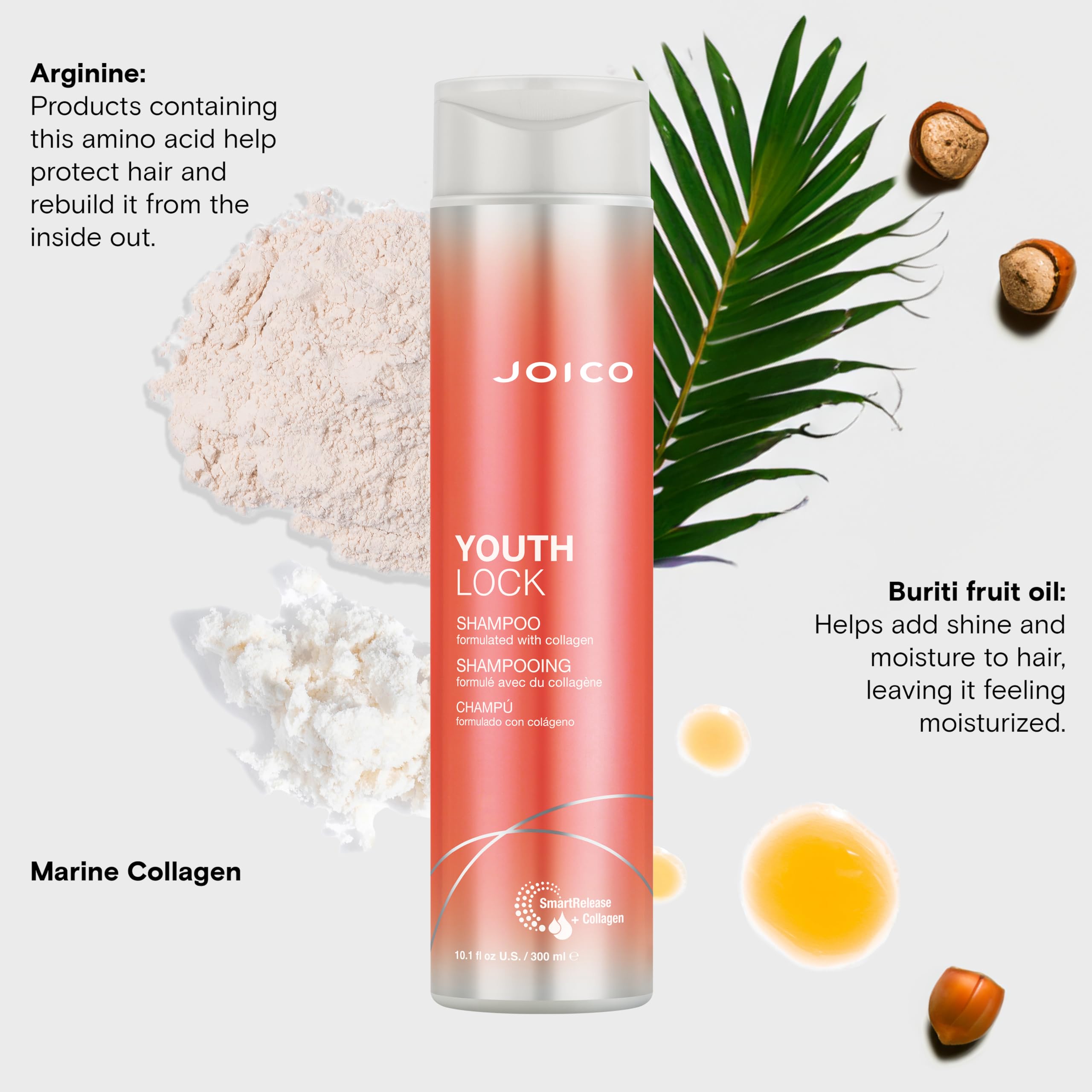 Joico YouthLock Shampoo hair texture close-up suggests detangling and shine.