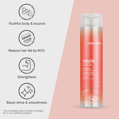 Joico YouthLock Shampoo rich lather delivers soft cleansing and easier detangling.