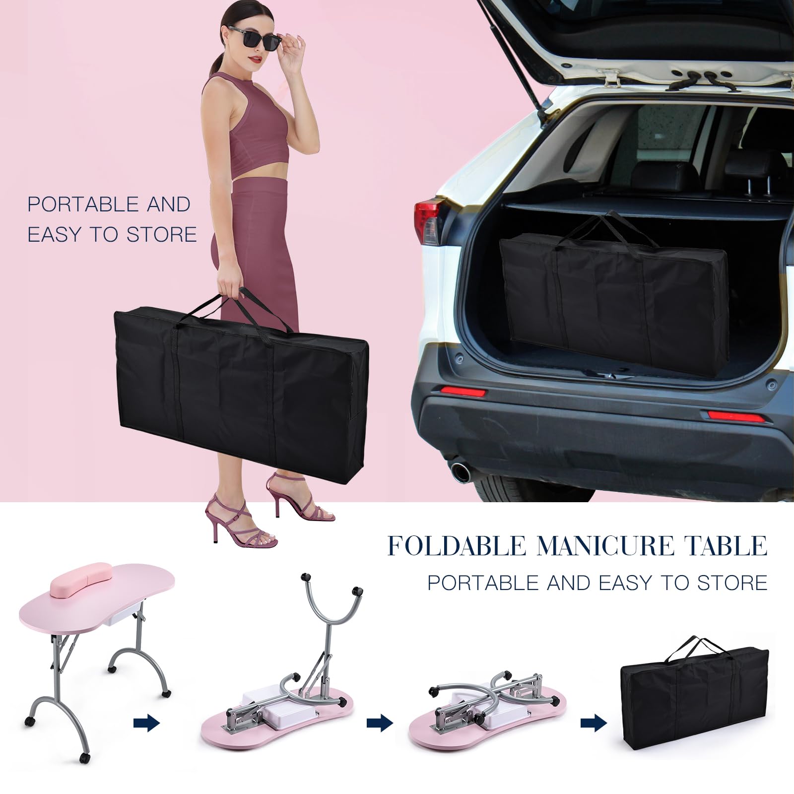 Joligrace collapsible workstation saves space for on-site beauty services.