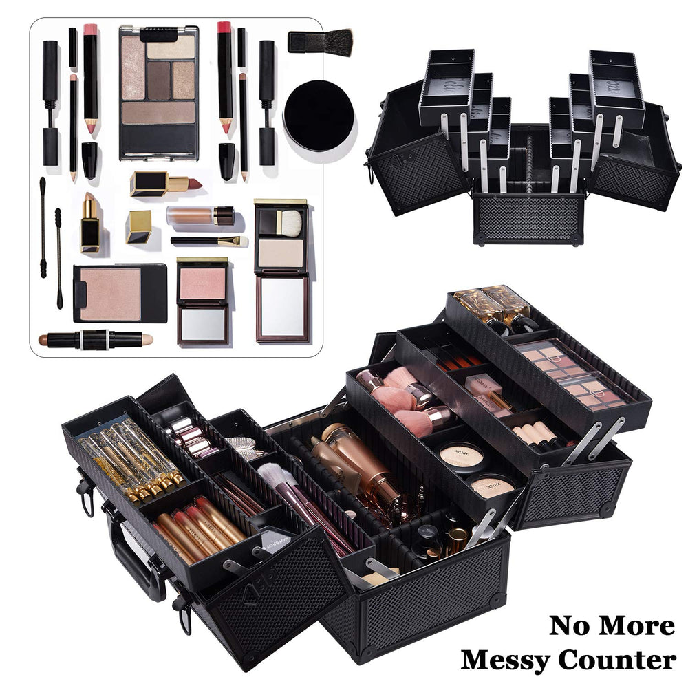 Joligrace makeup train case bottom compartment with dividers fits larger items securely.