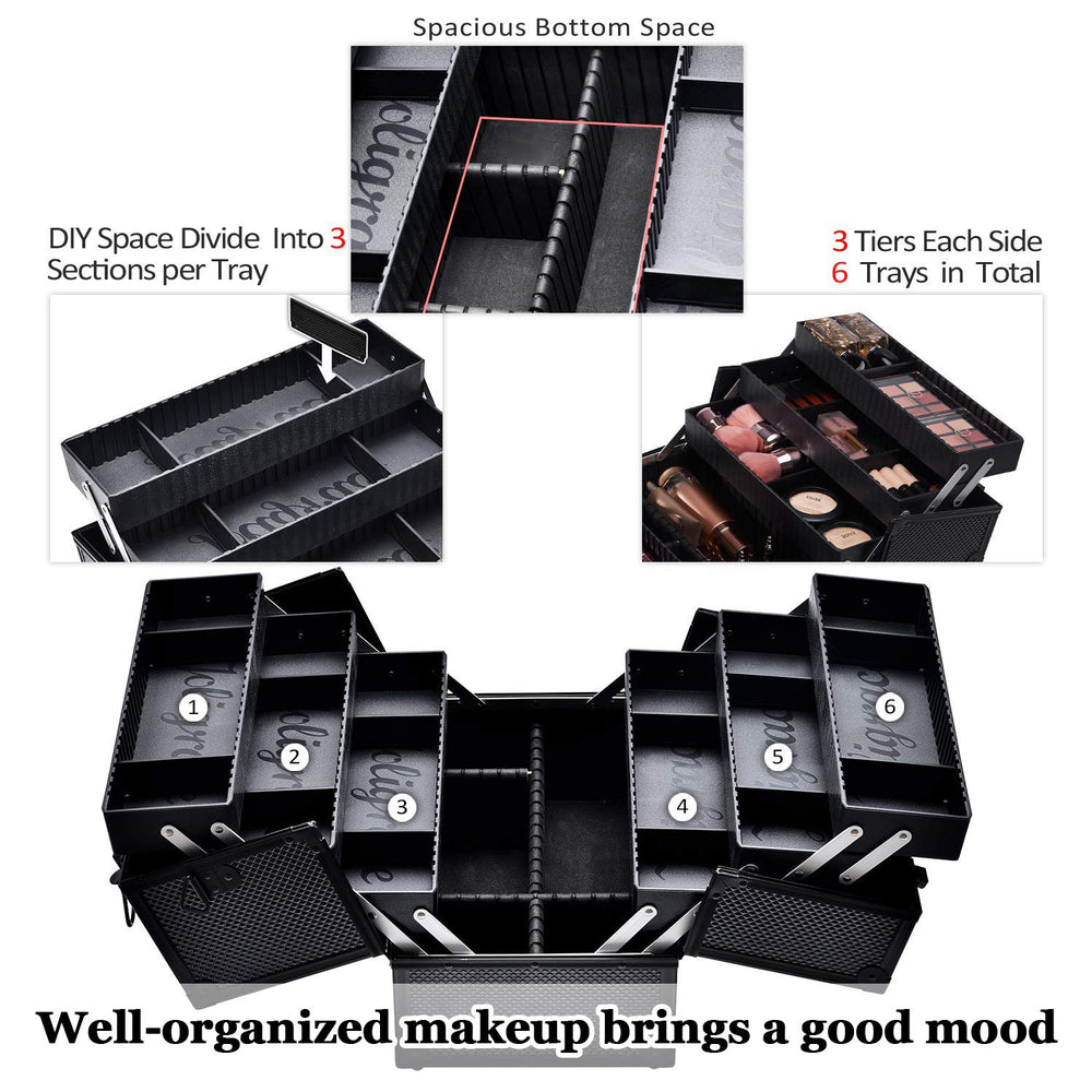 Joligrace makeup train case open trays demonstrates six adjustable compartments for tidy setup.