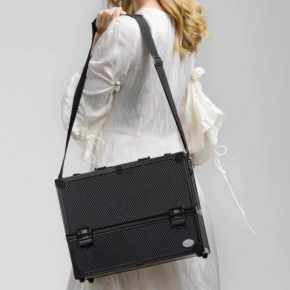 Joligrace makeup train case lock and strap ensure secure transport during travels.