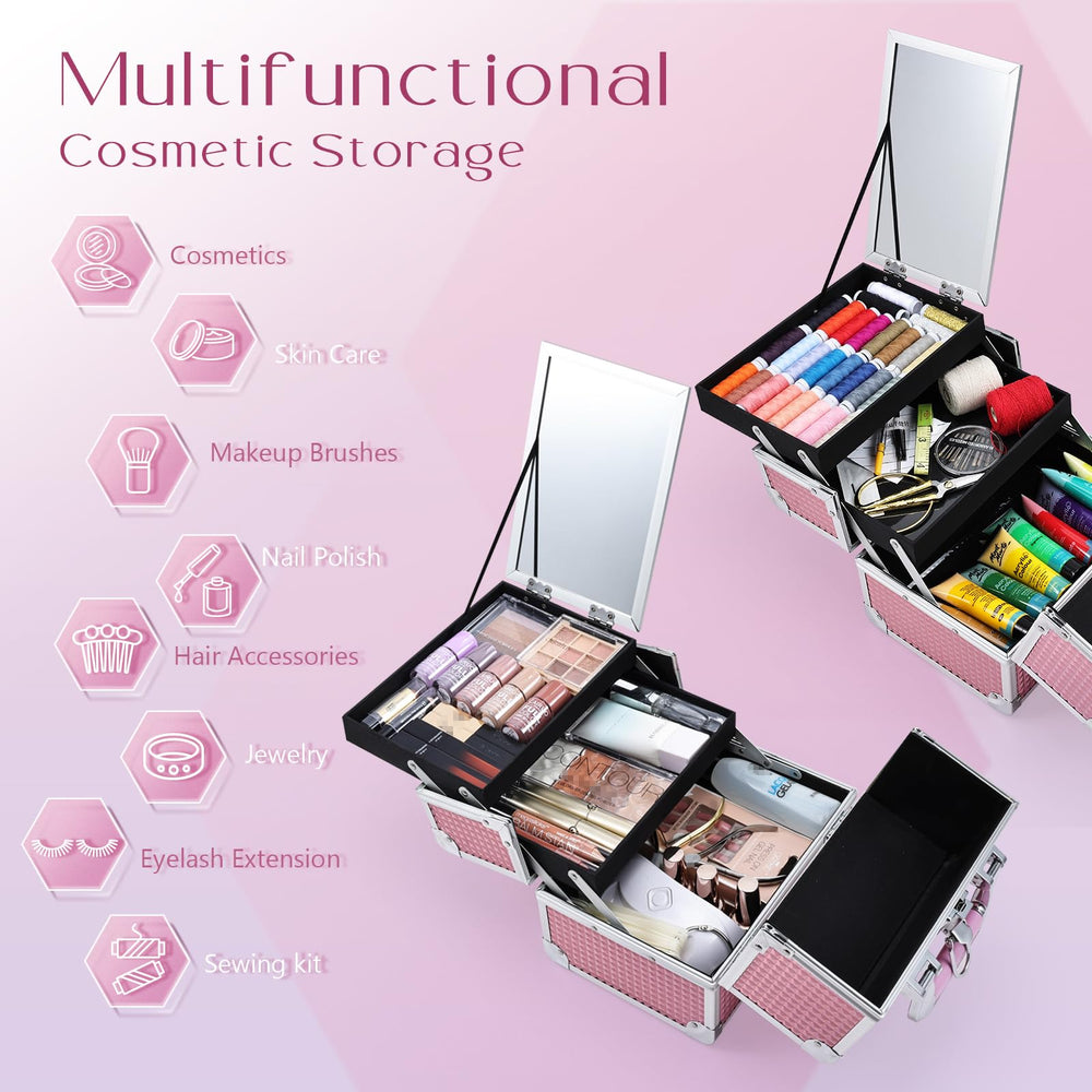 Joligrace Mermaid Pink makeup case with extended two-tier tray
