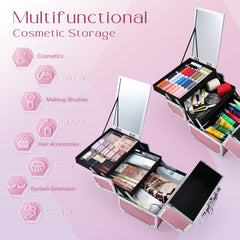Joligrace Mermaid Pink makeup case with extended two-tier tray