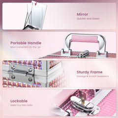 Joligrace Mermaid Pink makeup box with top mirror for quick makeup checks