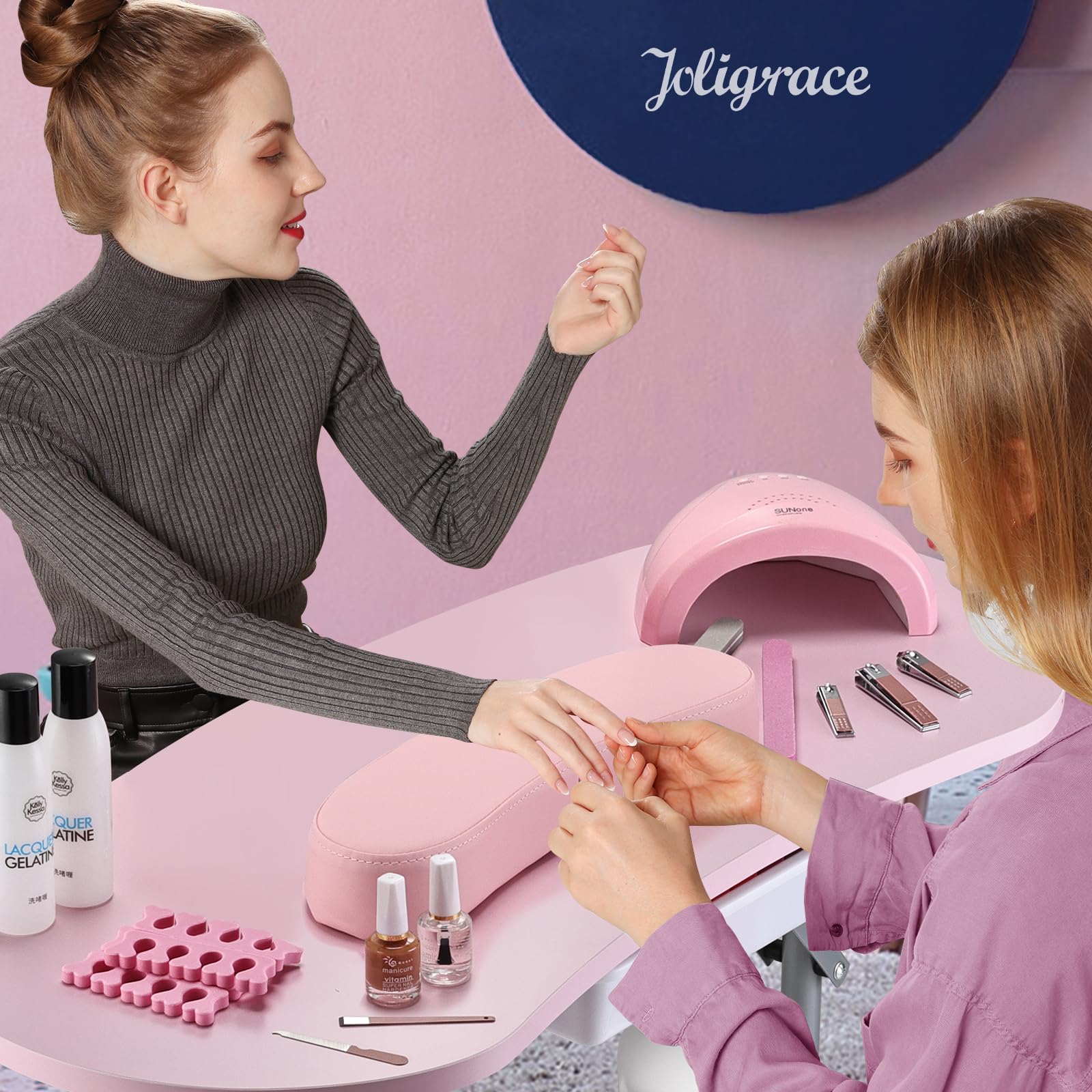 Joligrace portable manicure desk with wheels enables easy repositioning.