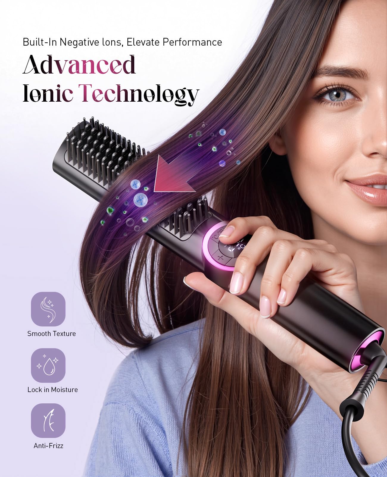 JolinKoin Hair Straightener Brush uses PTC technology for even heat.