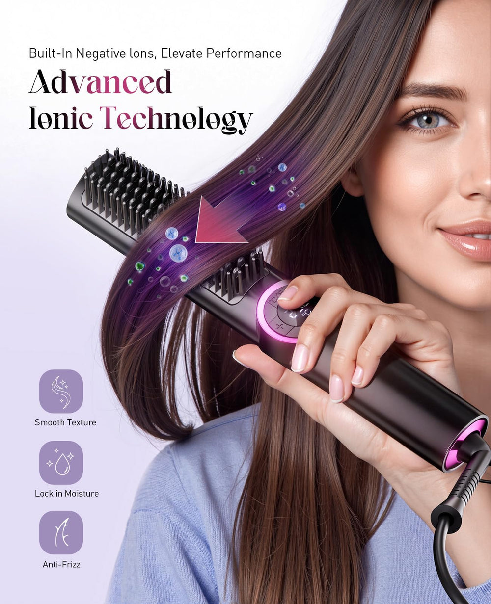 JolinKoin Hair Straightener Brush uses PTC technology for even heat.