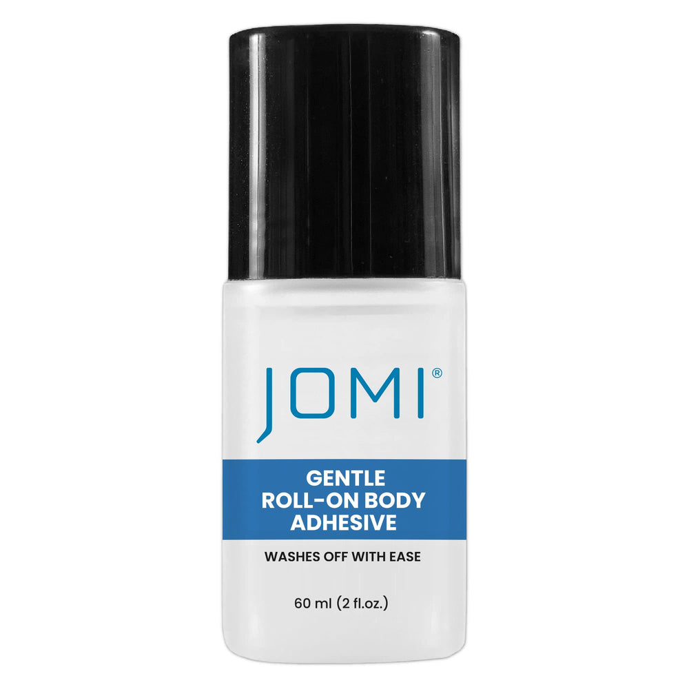 JOMI COMPRESSION Premium Roll-On Body Glue bottle application showing easy fabric adhesion.