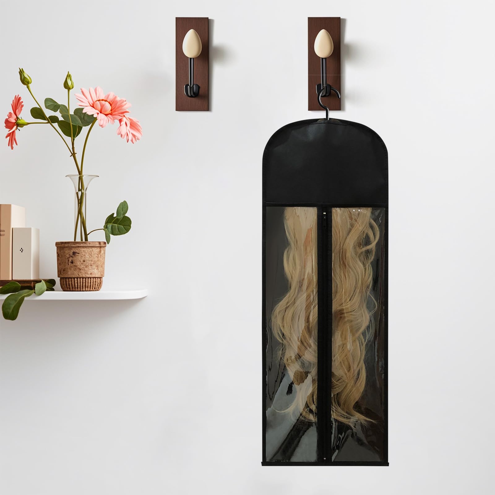 Jonley hanger system keeps wigs organized in a tidy closet or suitcase.