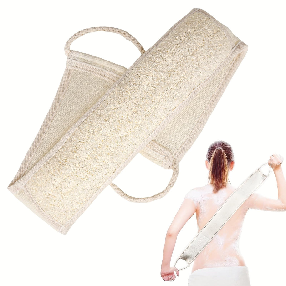 Jopplim natural loofah back scrubber full-length design for easy reach and thorough cleansing.