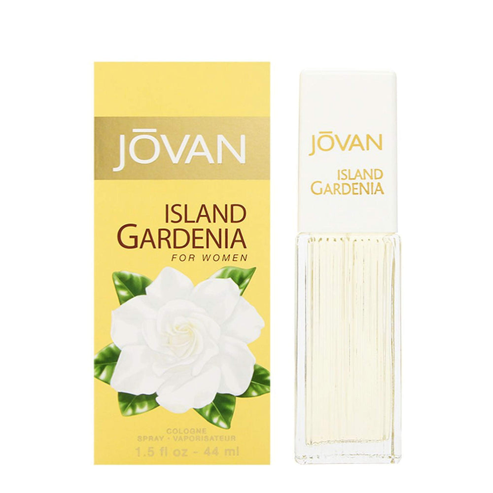 Jovan Island Gardenia bottle front view with pale golden juice.