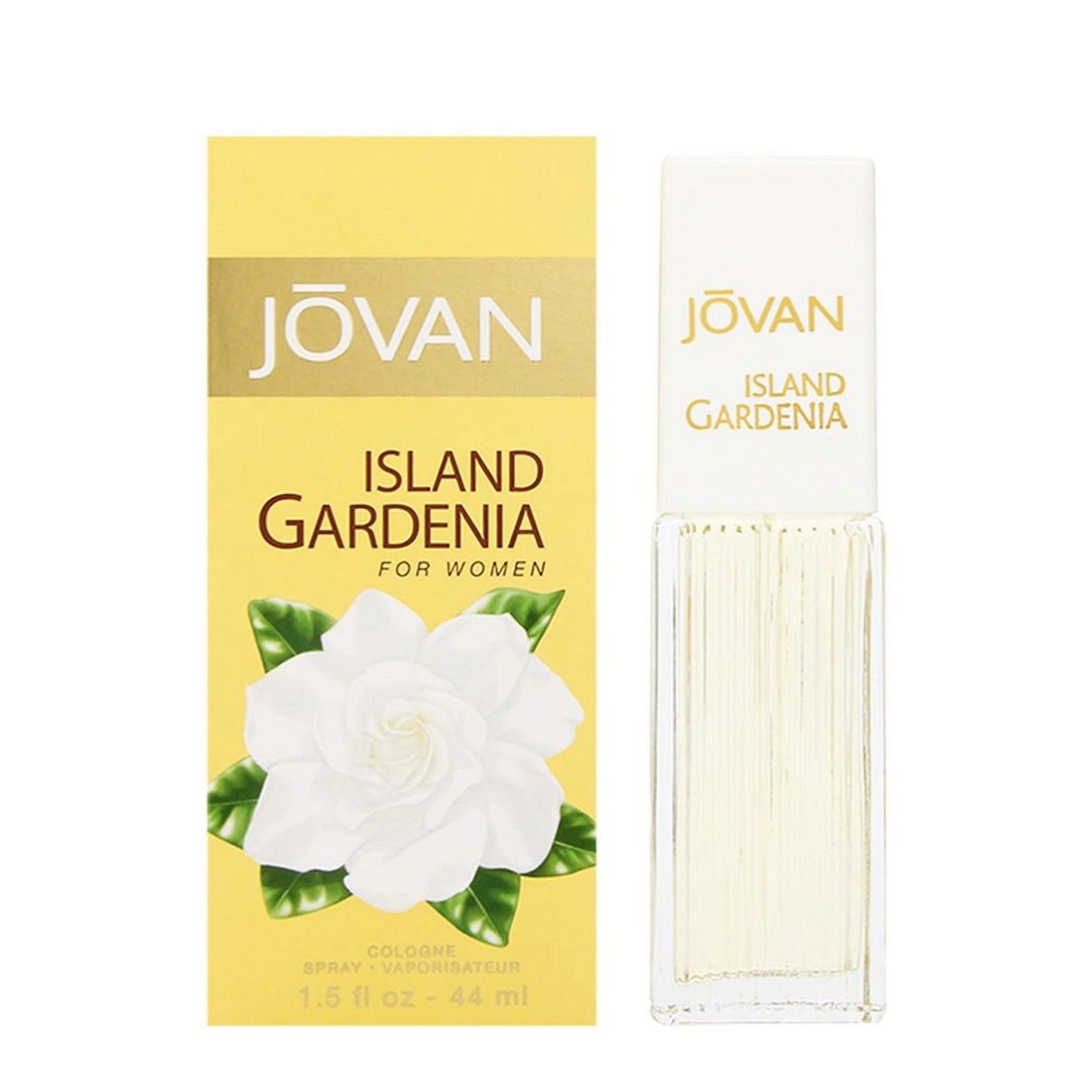 Jovan Island Gardenia bottle front view with pale golden juice.
