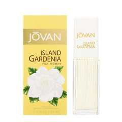 Jovan Island Gardenia bottle front view with pale golden juice.