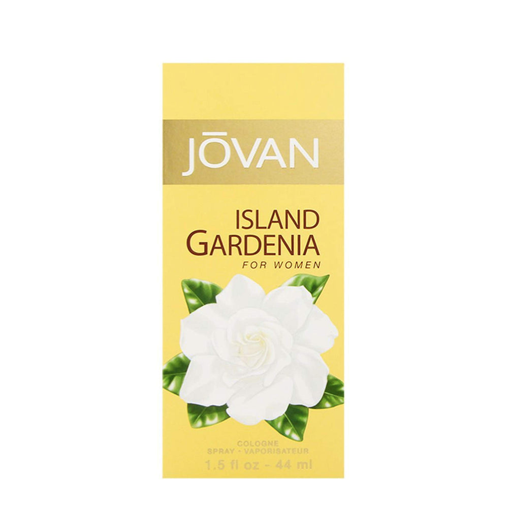 Jovan Island Gardenia bottle highlighting neroli top note for a refreshing aura.
